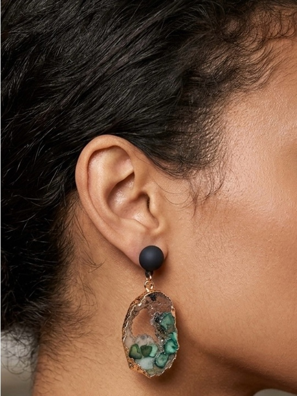 Matte Green Stud Earrings with Green Agate Drop